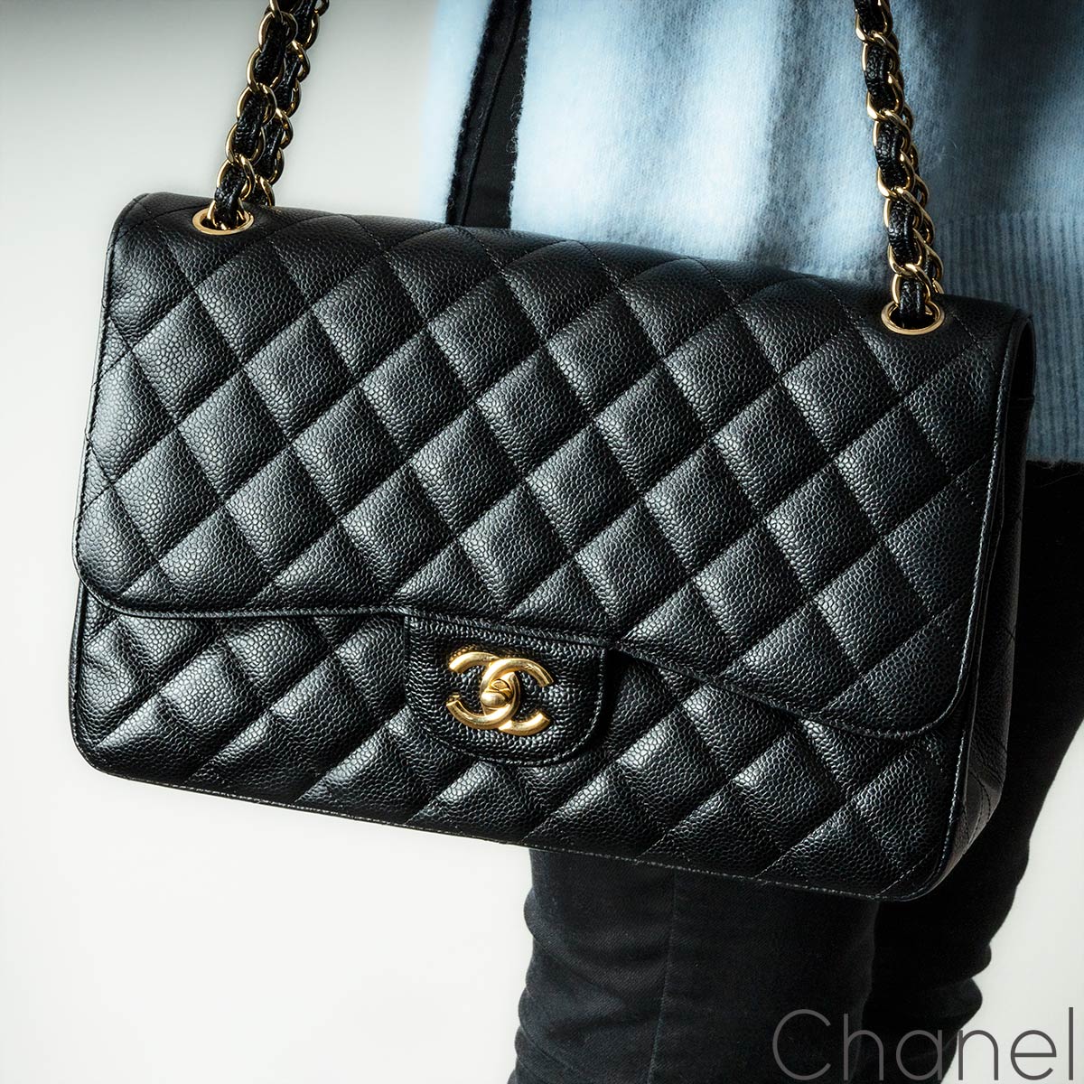 Chanel 2022 Black Quilted Caviar Jumbo Double Classic Flap SHW 78c85s –  Bagriculture